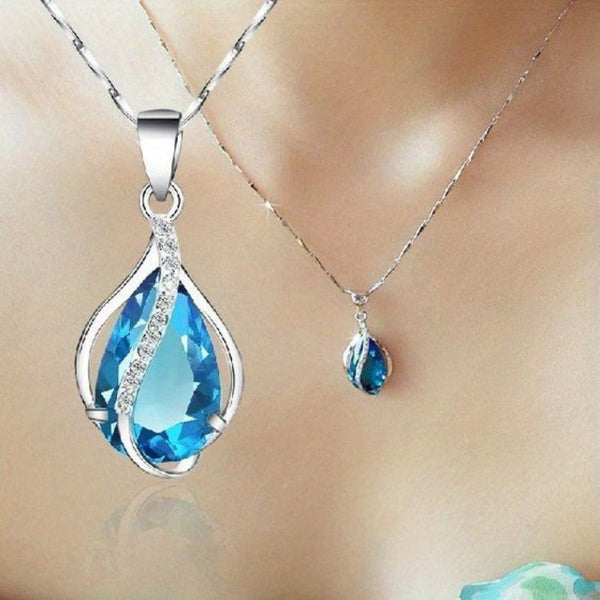 Sea Blue Heart Water Drop Zircon Pendant Necklace